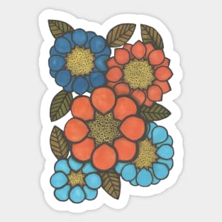 Flower power, orange, blue, green, retro flowers Sticker